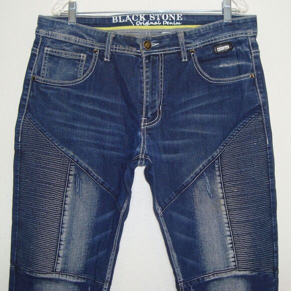 BLACK STONE Original Denim Mens Distressed Moto Blue Denim Jeans - Picture 7 of 13